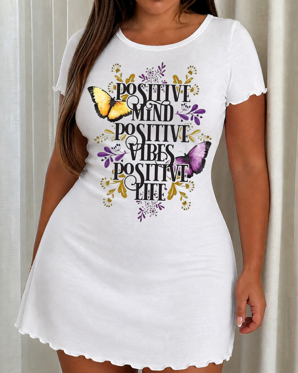 "Positive Mind Positive Vibes Positive Life" Floral Butterfly Nightdress (XS-5XL) OMFORT