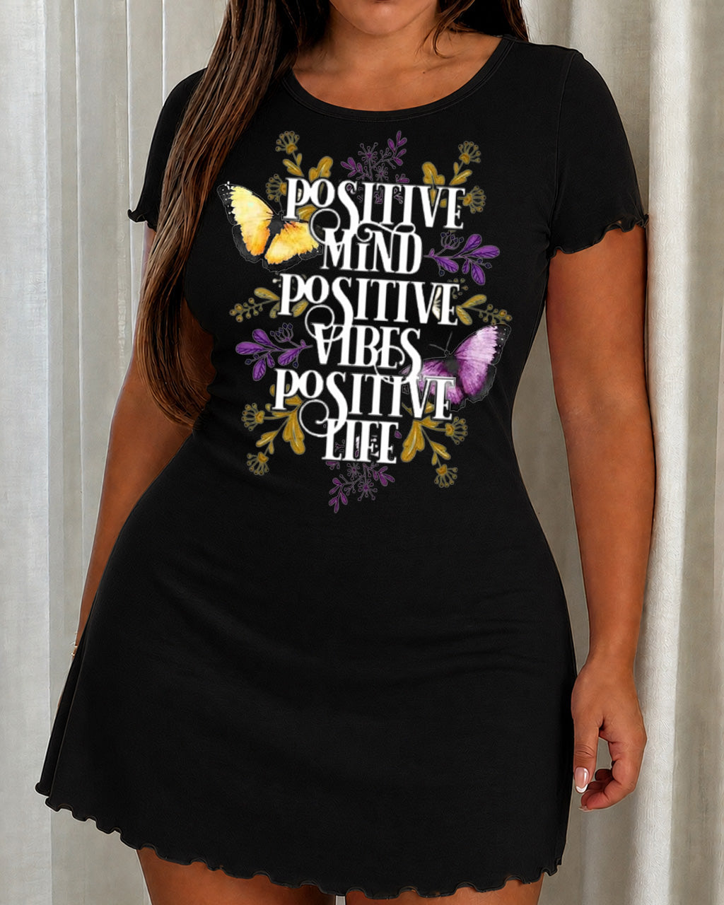 "Positive Mind Positive Vibes Positive Life" Floral Butterfly Nightdress (XS-5XL) OMFORT