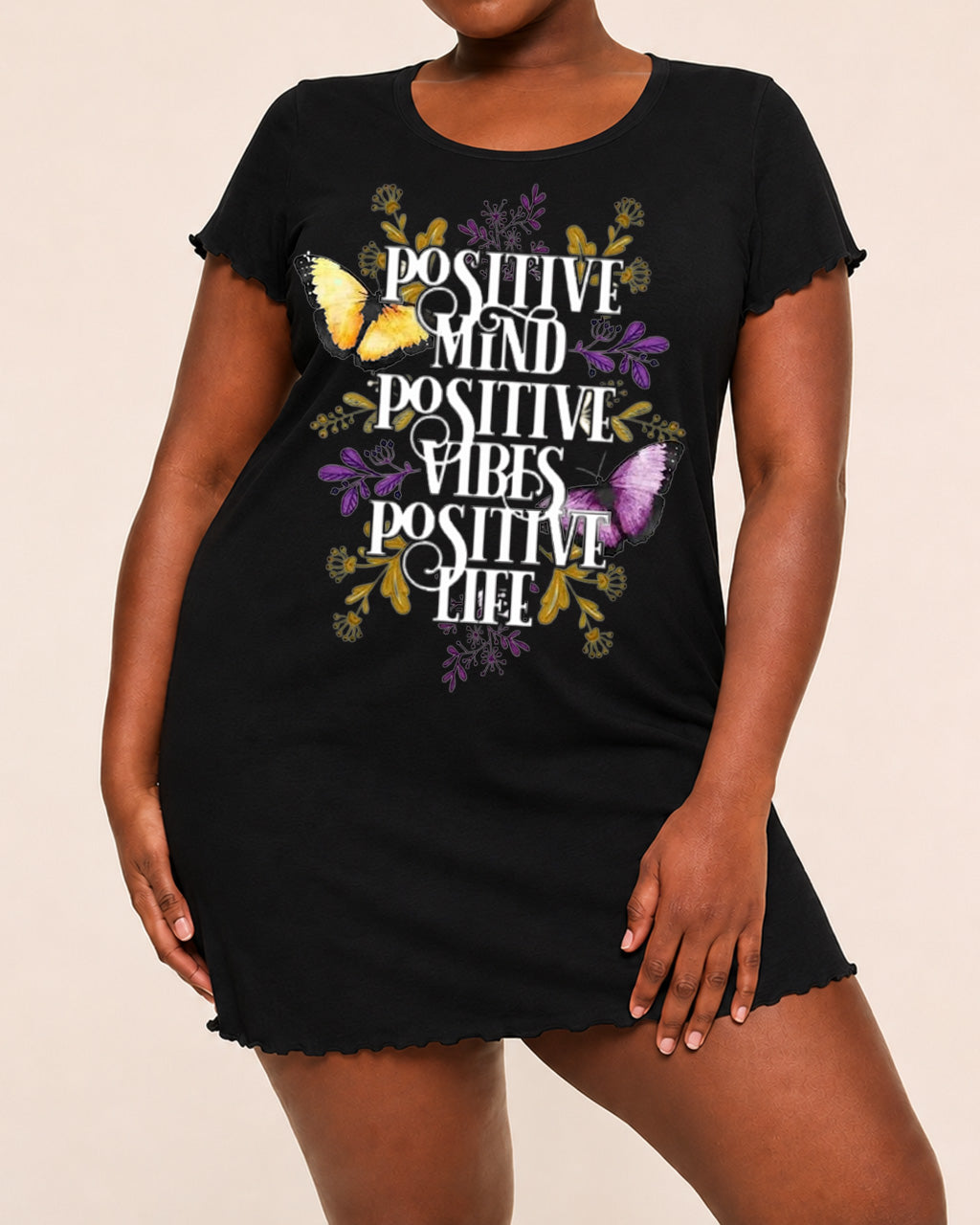 "Positive Mind Positive Vibes Positive Life" Floral Butterfly Nightdress (XS-5XL) OMFORT