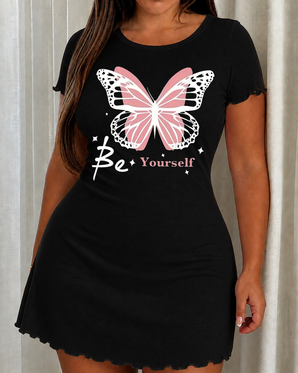 "Be Yourself" Pink Glitter Butterfly Star Print Nightdress (XS-5XL) OMFORT
