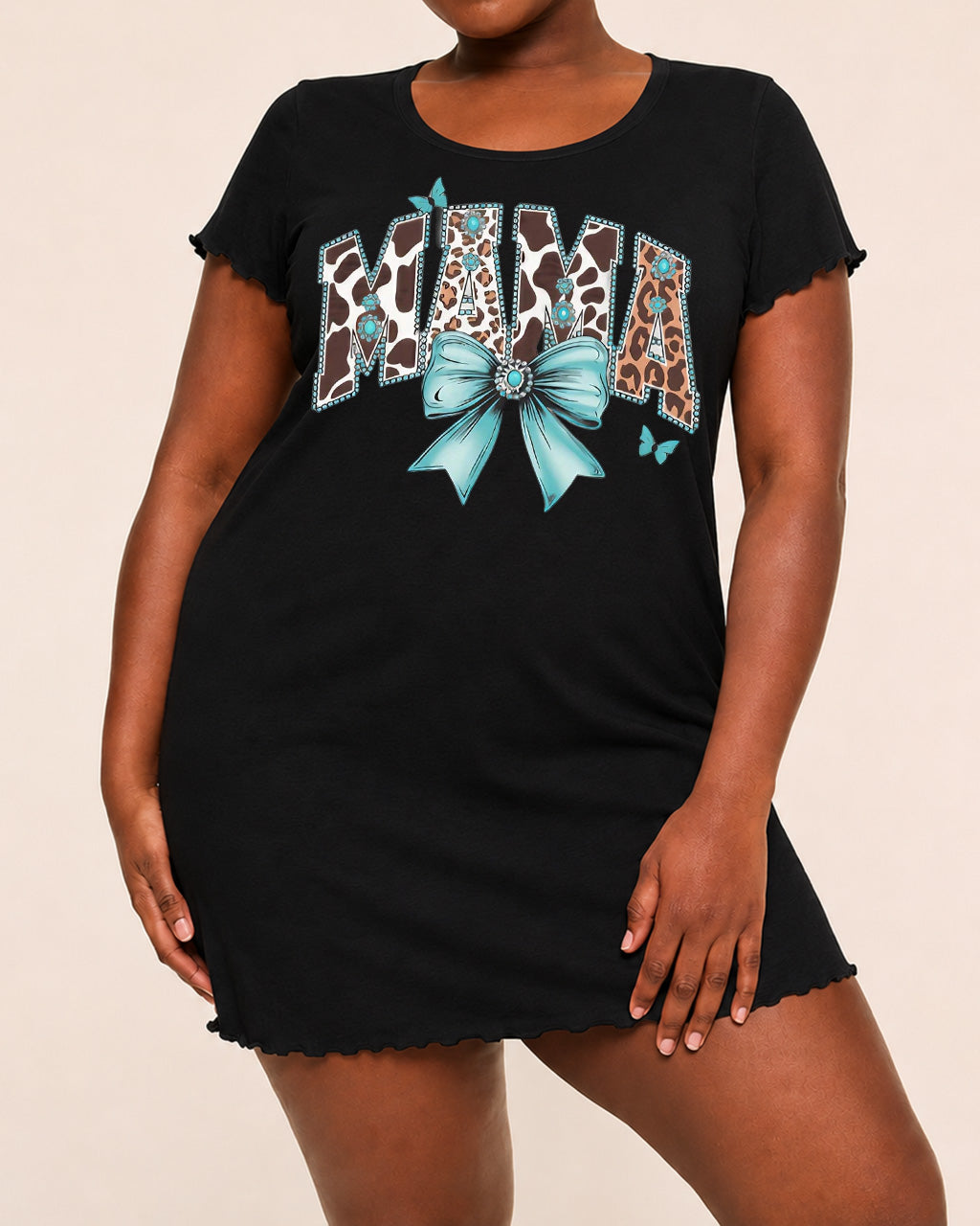 Cow Leopard Print MAMA Turquoise Bow Butterfly Nightdress (XS-5XL) OMFORT