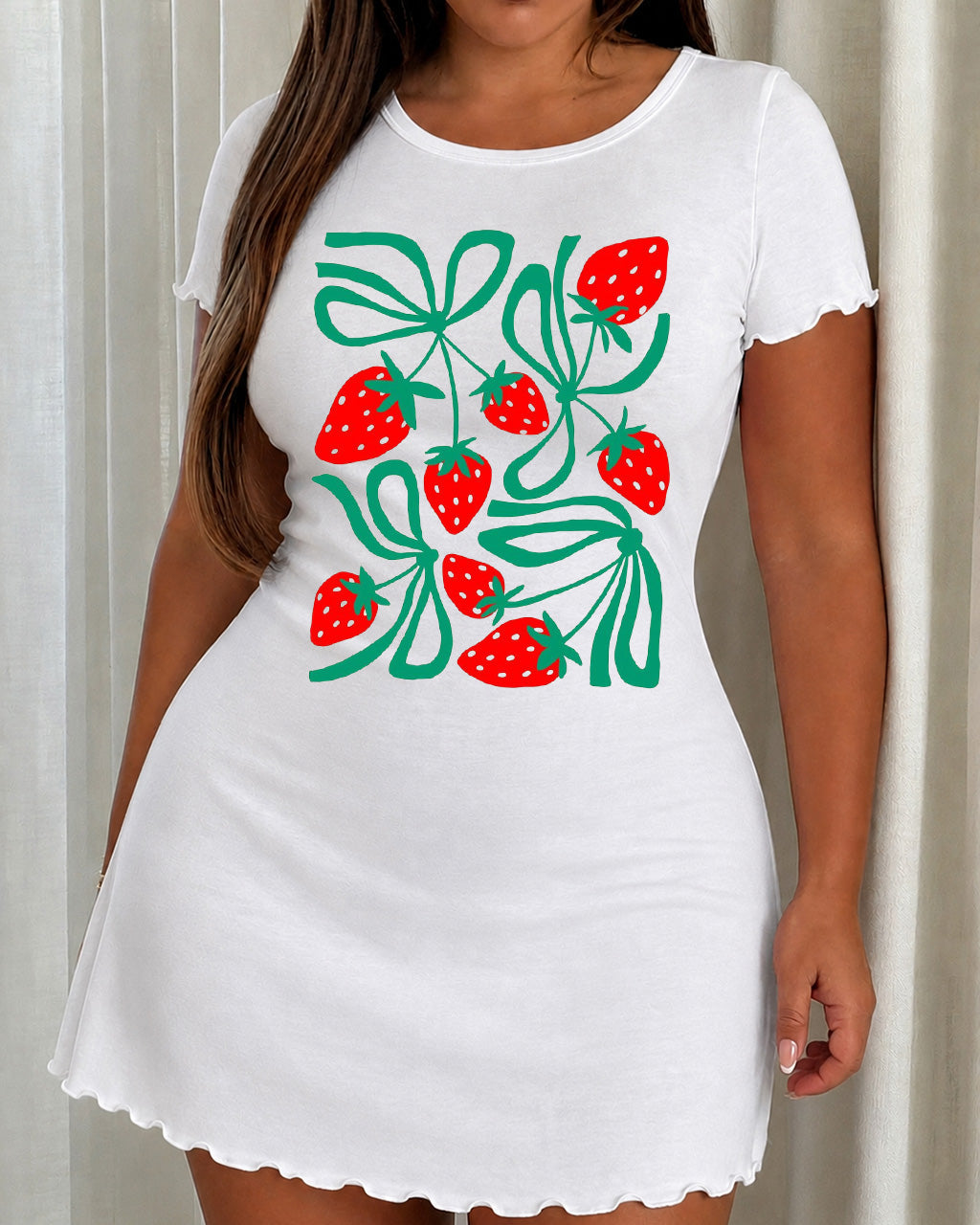 Retro Green Bow Strawberry Print Ruffle Nightdress (XS-5XL) OMFORT