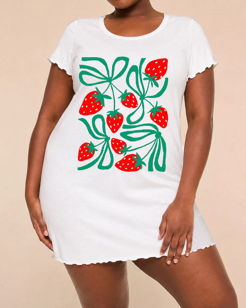 Retro Green Bow Strawberry Print Ruffle Nightdress (XS-5XL) OMFORT