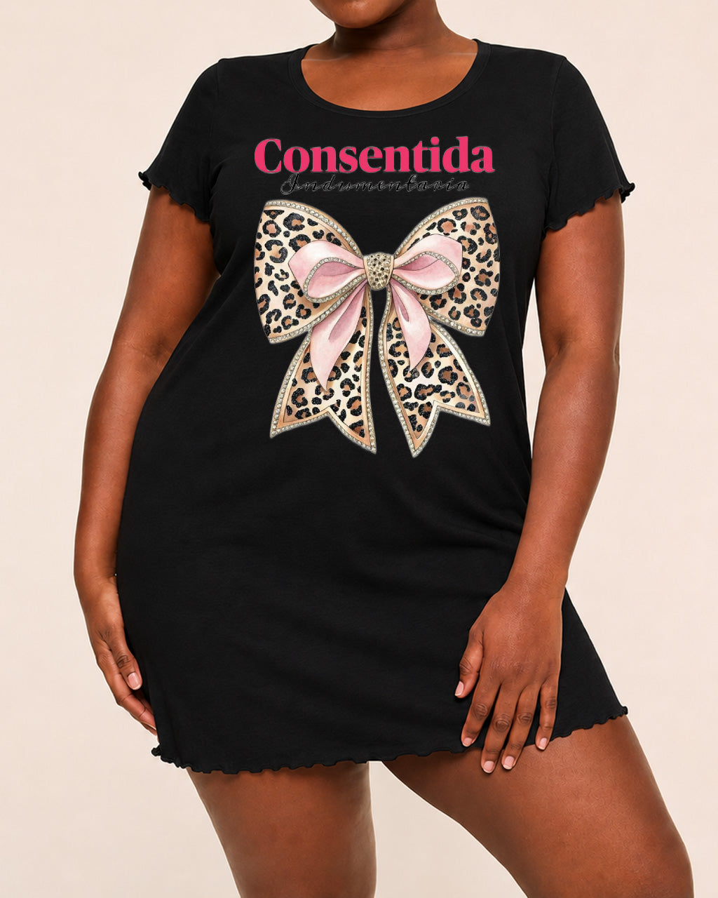 Spanish Letter Consentida Leopard Rhinestone Pink Bow Nightdress (XS-5XL) OMFORT