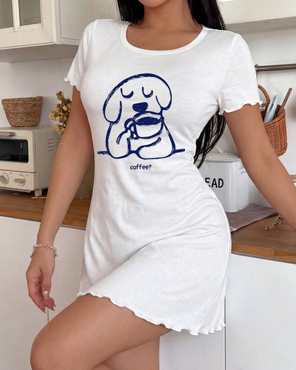 Simple Line Dog Coffee "coffee?" Print Nightdress (XS-5XL) OMFORT