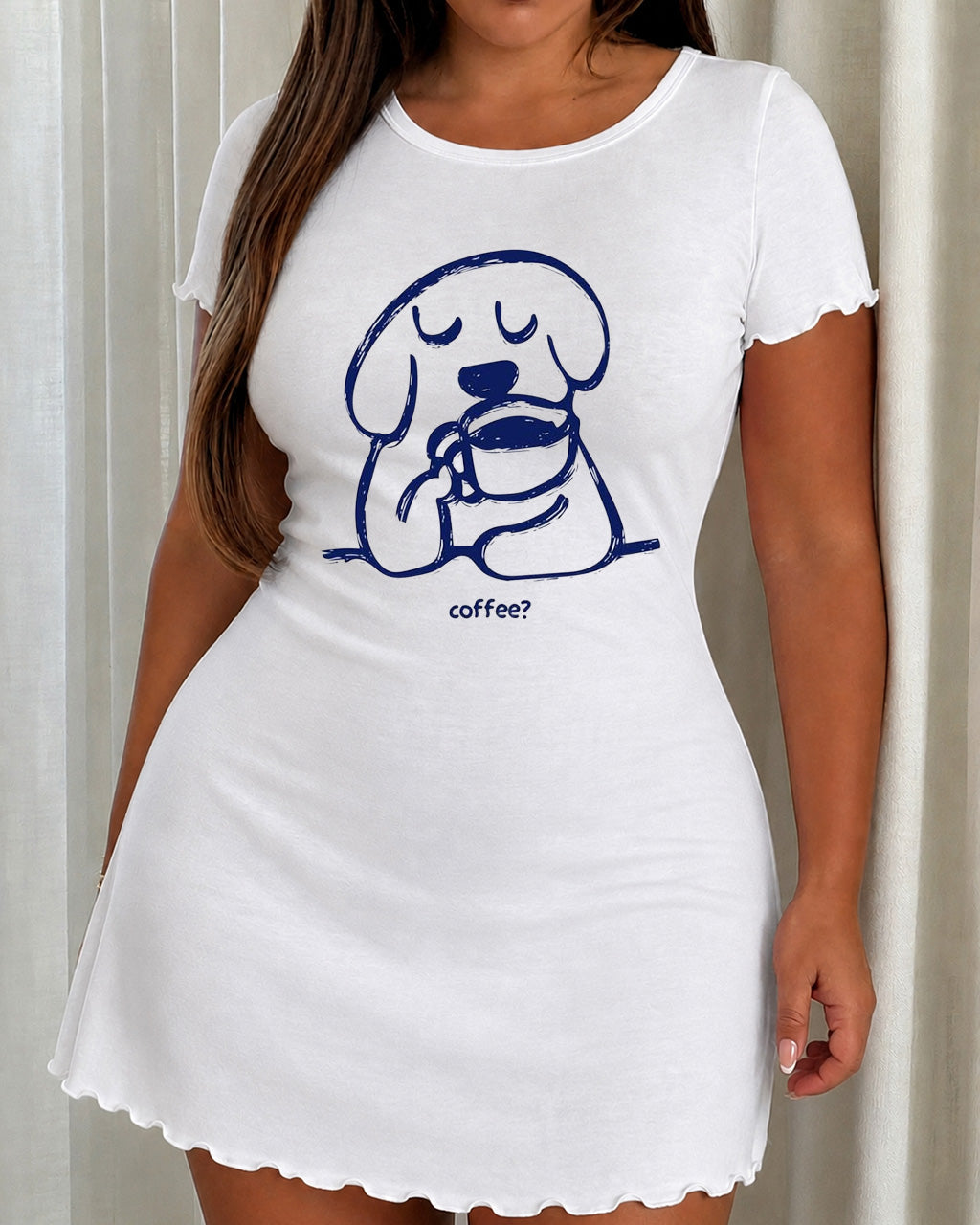 Simple Line Dog Coffee "coffee?" Print Nightdress (XS-5XL) OMFORT