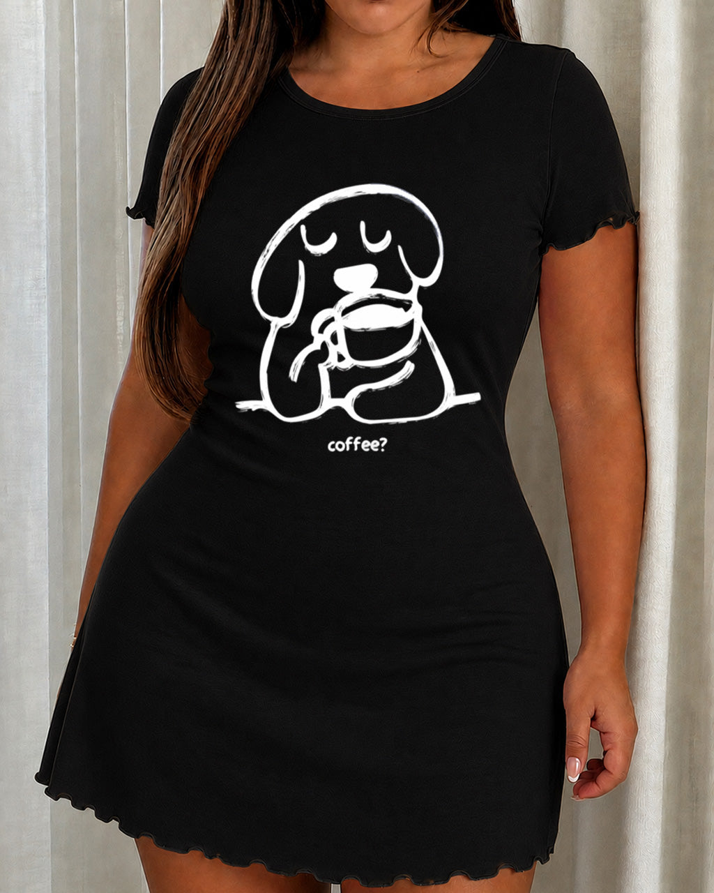 Simple Line Dog Coffee "coffee?" Print Nightdress (XS-5XL) OMFORT