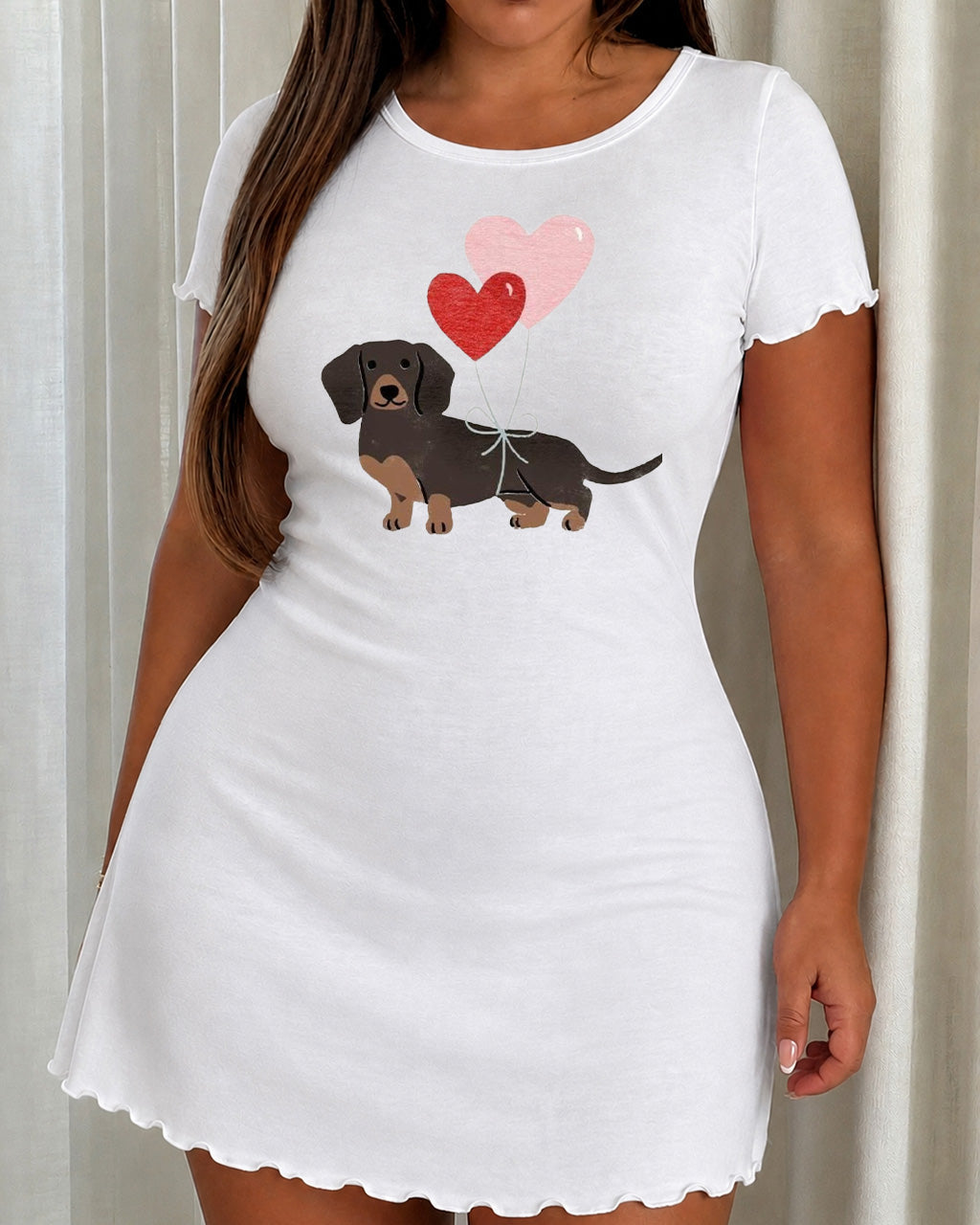 Black Brown Dachshund Red Pink Heart Balloon Nightdress (XS-5XL) OMFORT