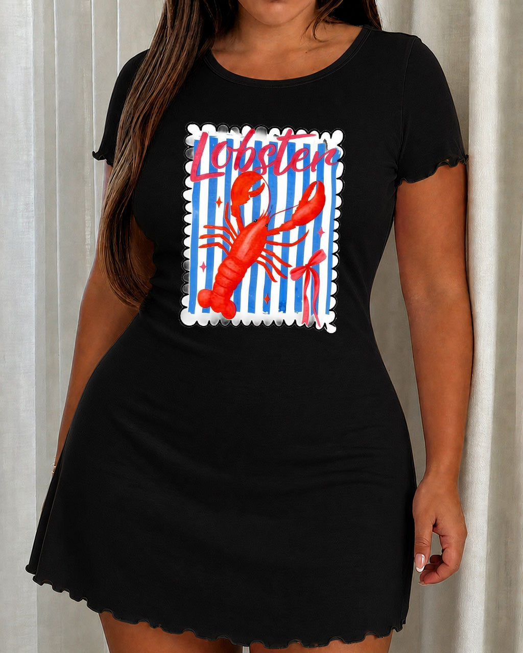 Blue Stripe Frame Red Lobster Bow Letter Nightdress (XS-5XL) OMFORT