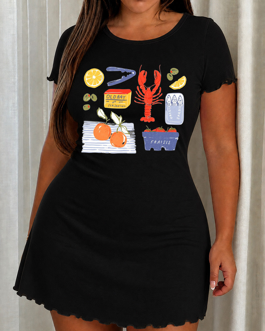 Vintage Coastal Fruit Lobster Ingredient Collage Nightdress (XS-5XL) OMFORT