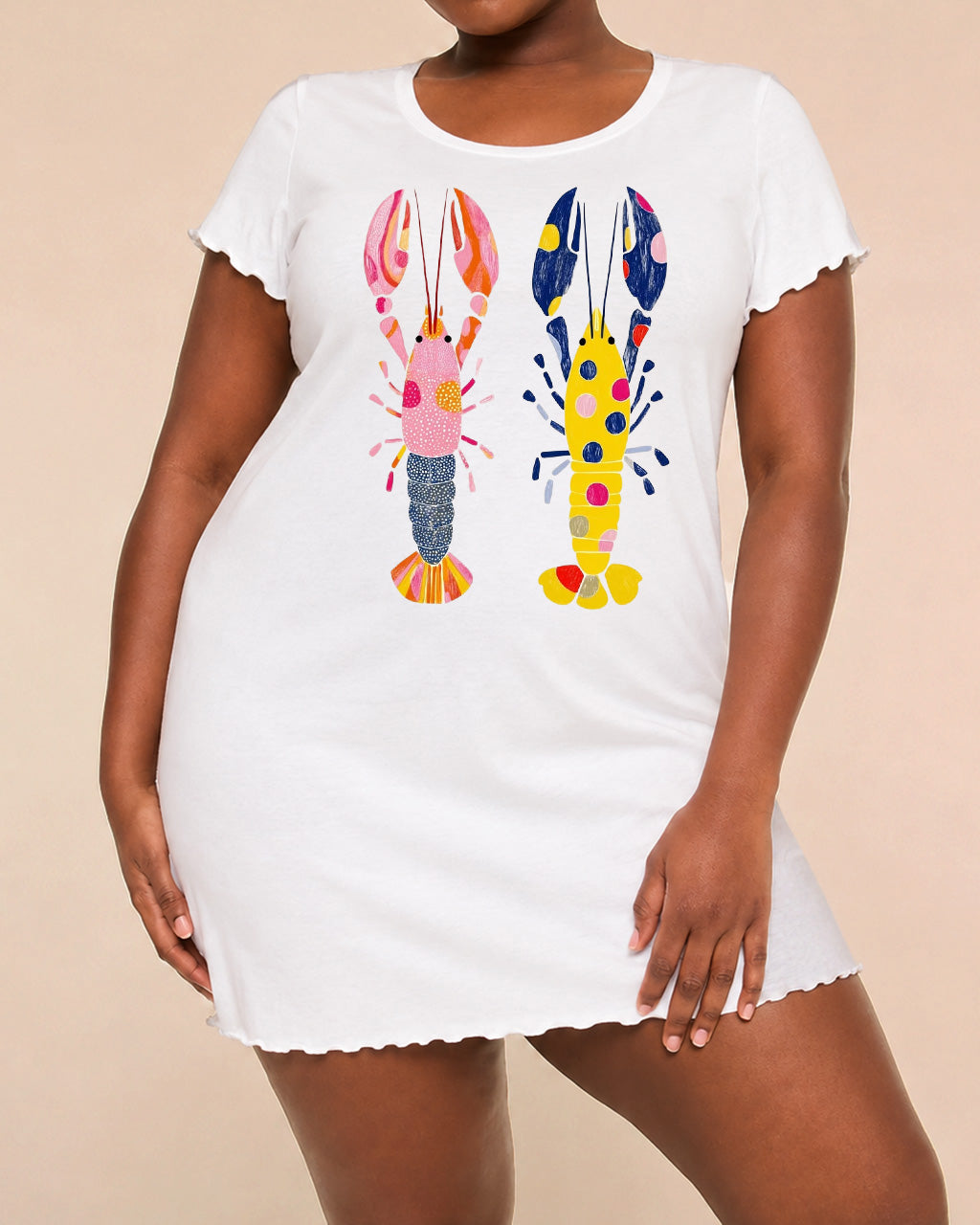 Color Polka Dot Dual Lobster Retro Art Print Ruffle Nightdress (XS-5XL) OMFORT