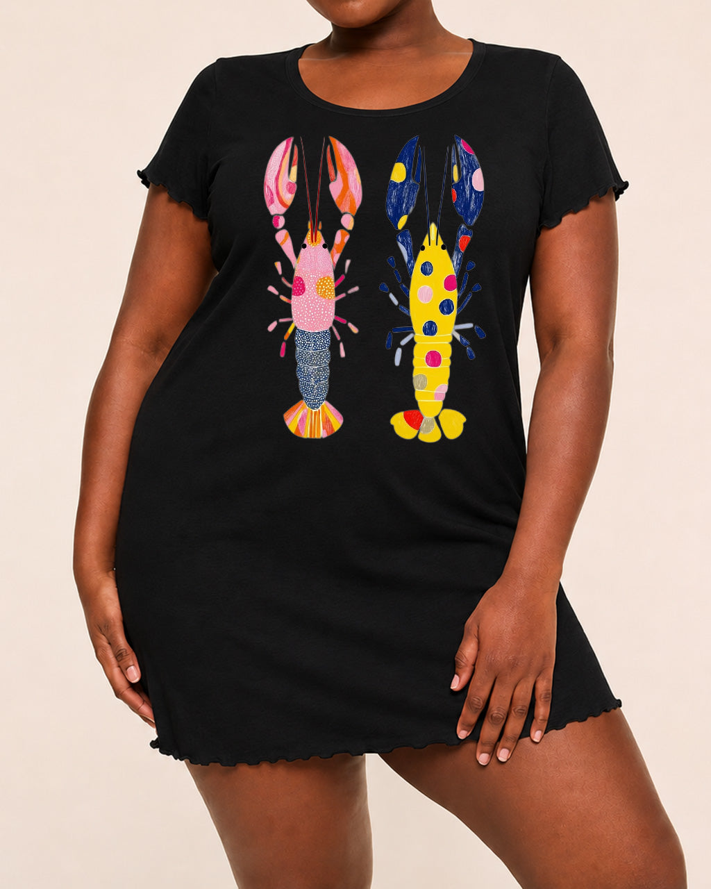 Color Polka Dot Dual Lobster Retro Art Print Ruffle Nightdress (XS-5XL) OMFORT