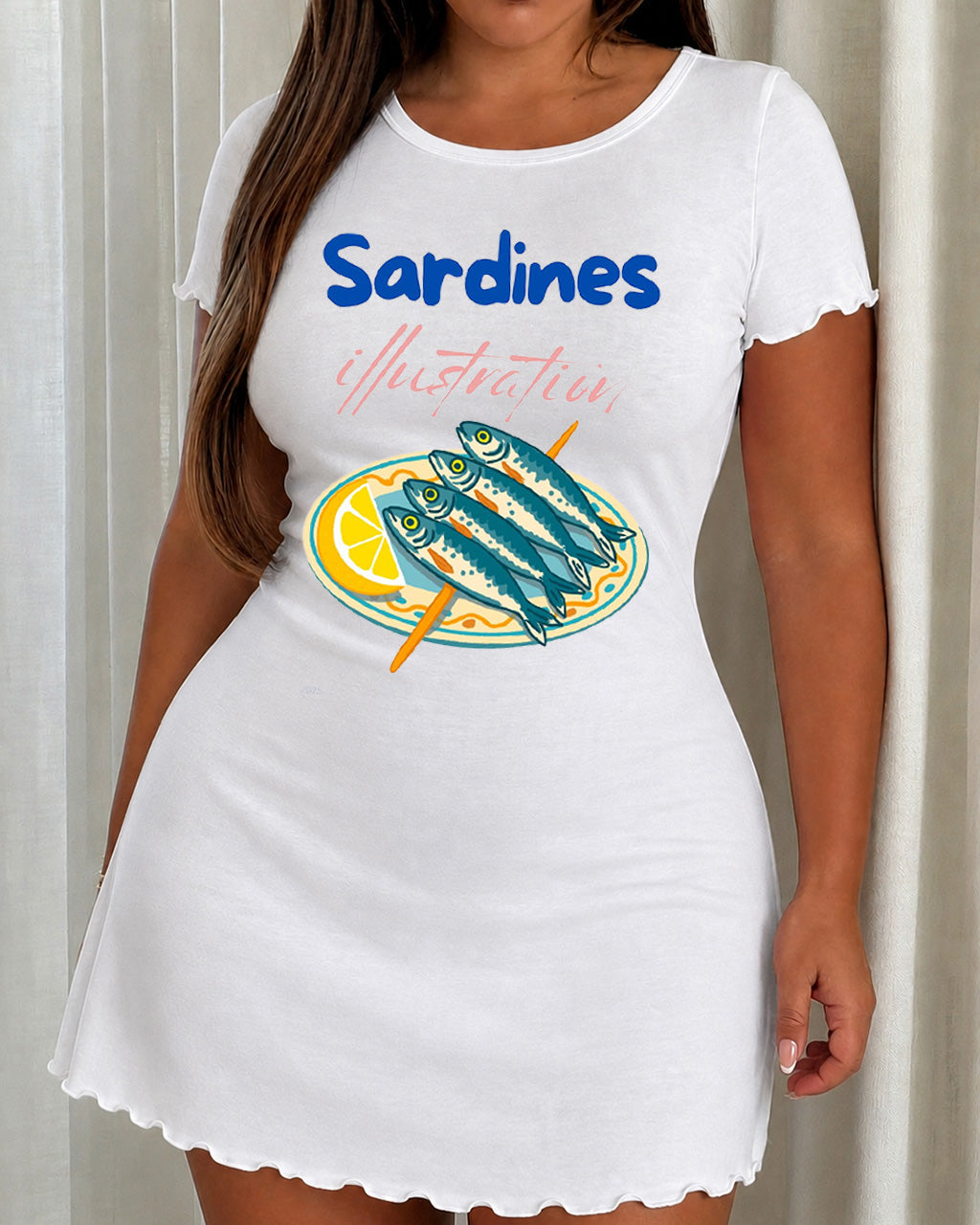 Plate Lemon Sardines Illustration Letter Nightdress (XS-5XL) OMFORT
