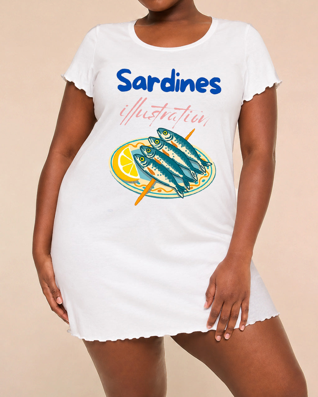 Plate Lemon Sardines Illustration Letter Nightdress (XS-5XL) OMFORT