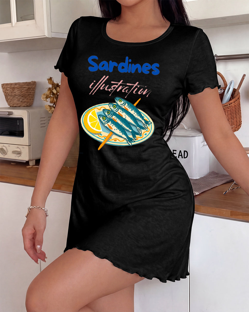 Plate Lemon Sardines Illustration Letter Nightdress (XS-5XL) OMFORT