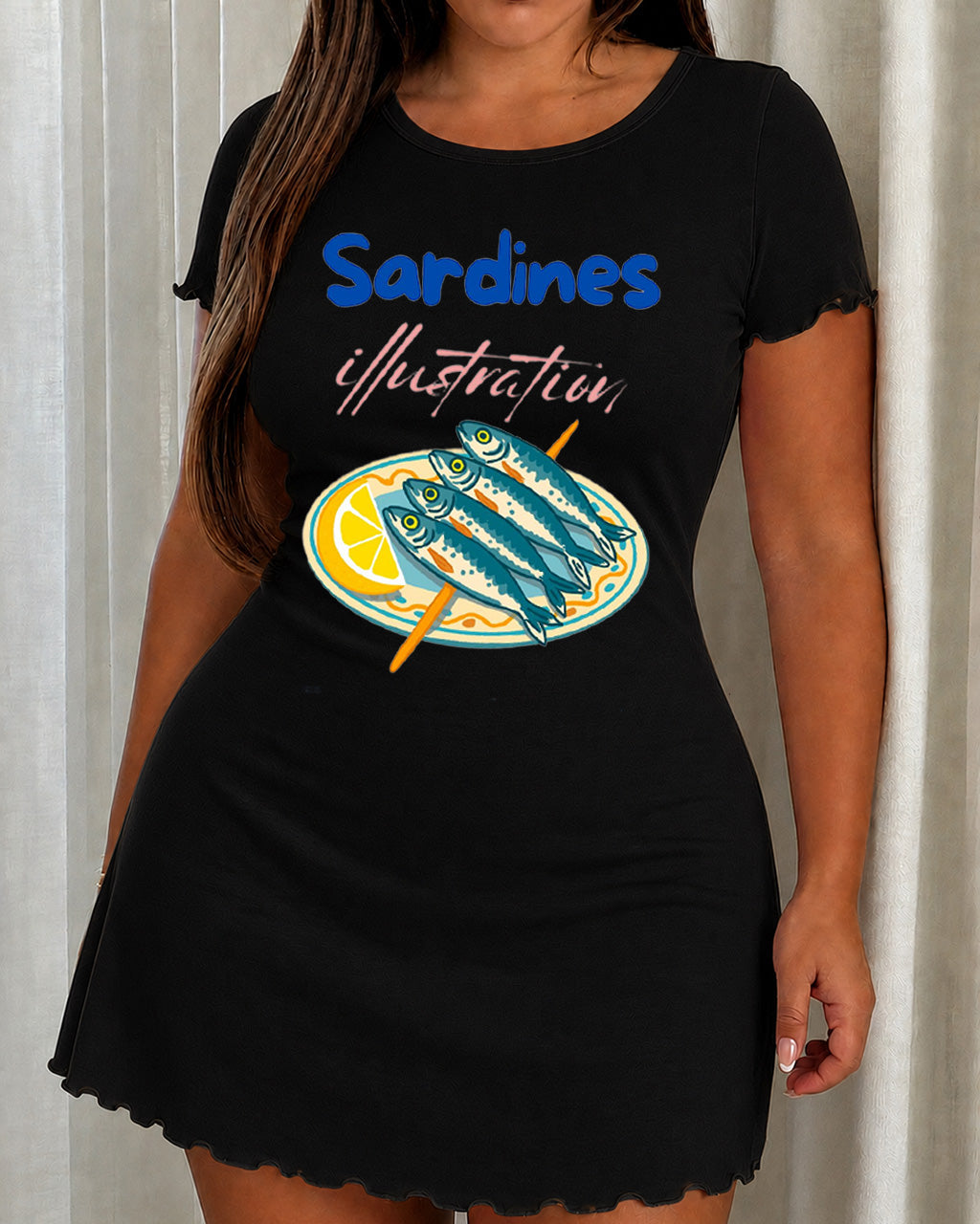 Plate Lemon Sardines Illustration Letter Nightdress (XS-5XL) OMFORT