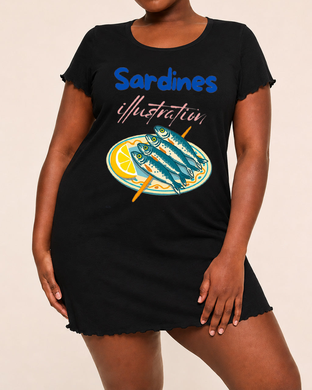 Plate Lemon Sardines Illustration Letter Nightdress (XS-5XL) OMFORT
