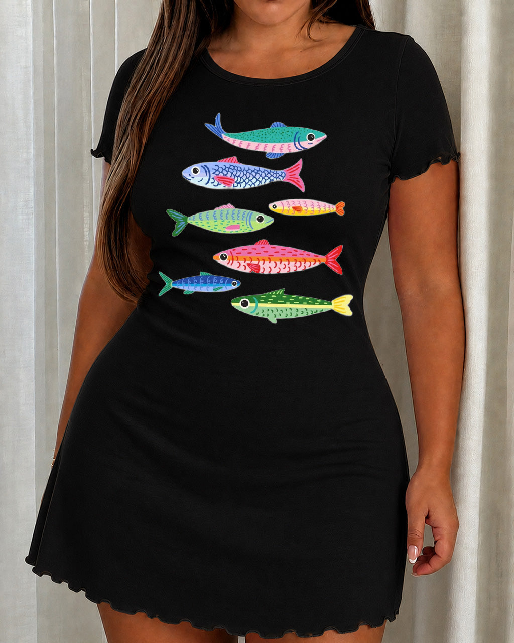 Multi Color Rainbow Sardine Fish Print Nightdress (XS-5XL) OMFORT