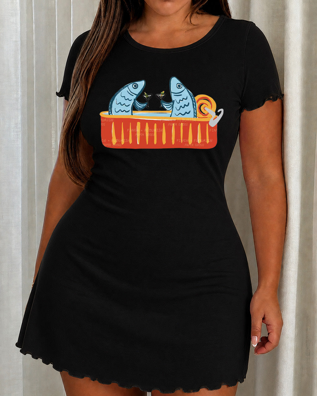 Cocktail Party Canned Sardines Cartoon Print Nightdress (XS-5XL) OMFORT