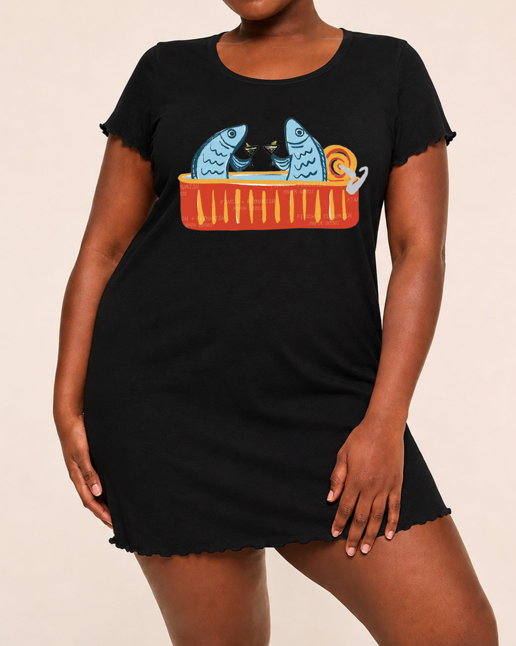 Cocktail Party Canned Sardines Cartoon Print Nightdress (XS-5XL) OMFORT