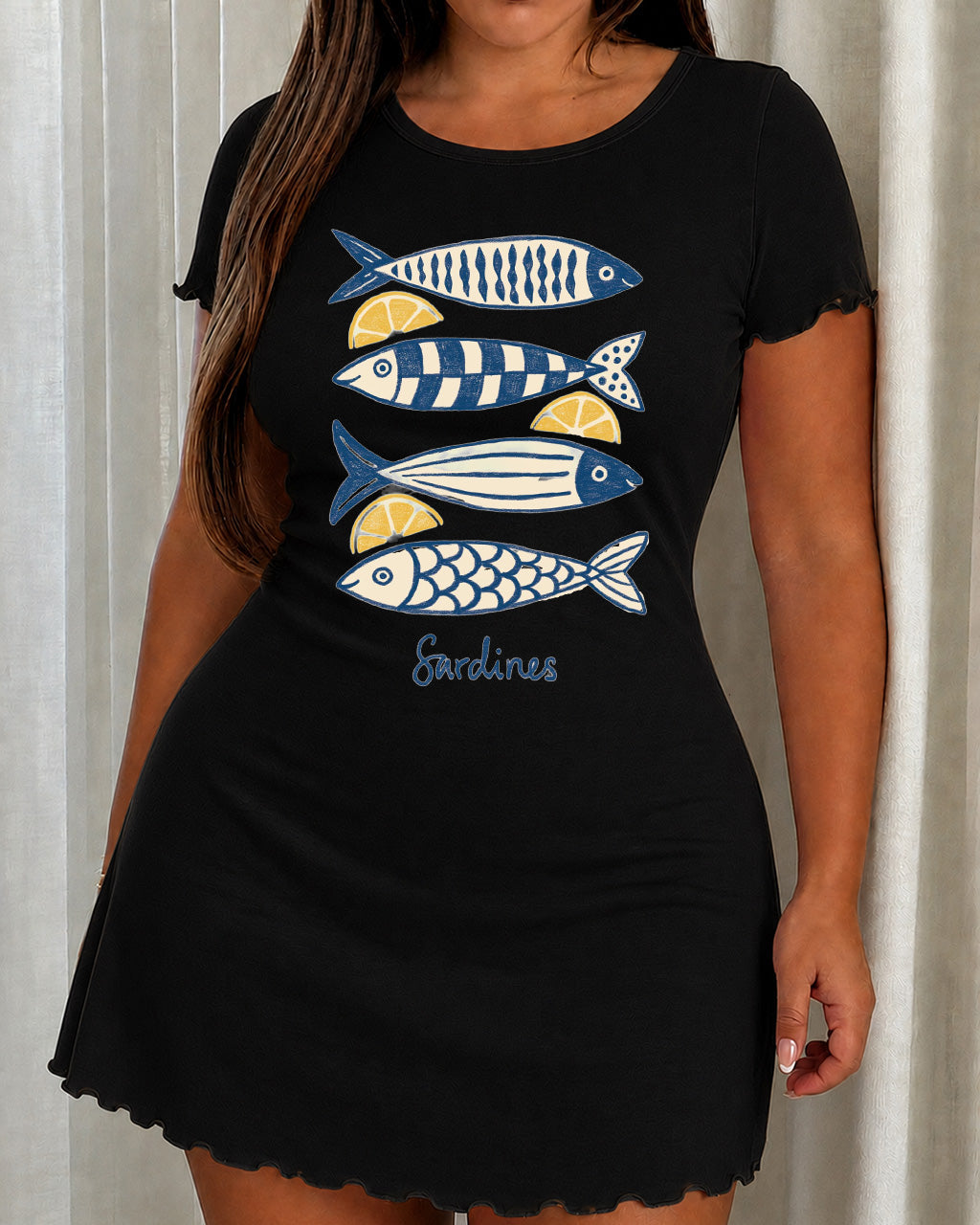 Navy Striped Lemon Sardines Letter Print Nightdress(XS-5XL) OMFORT