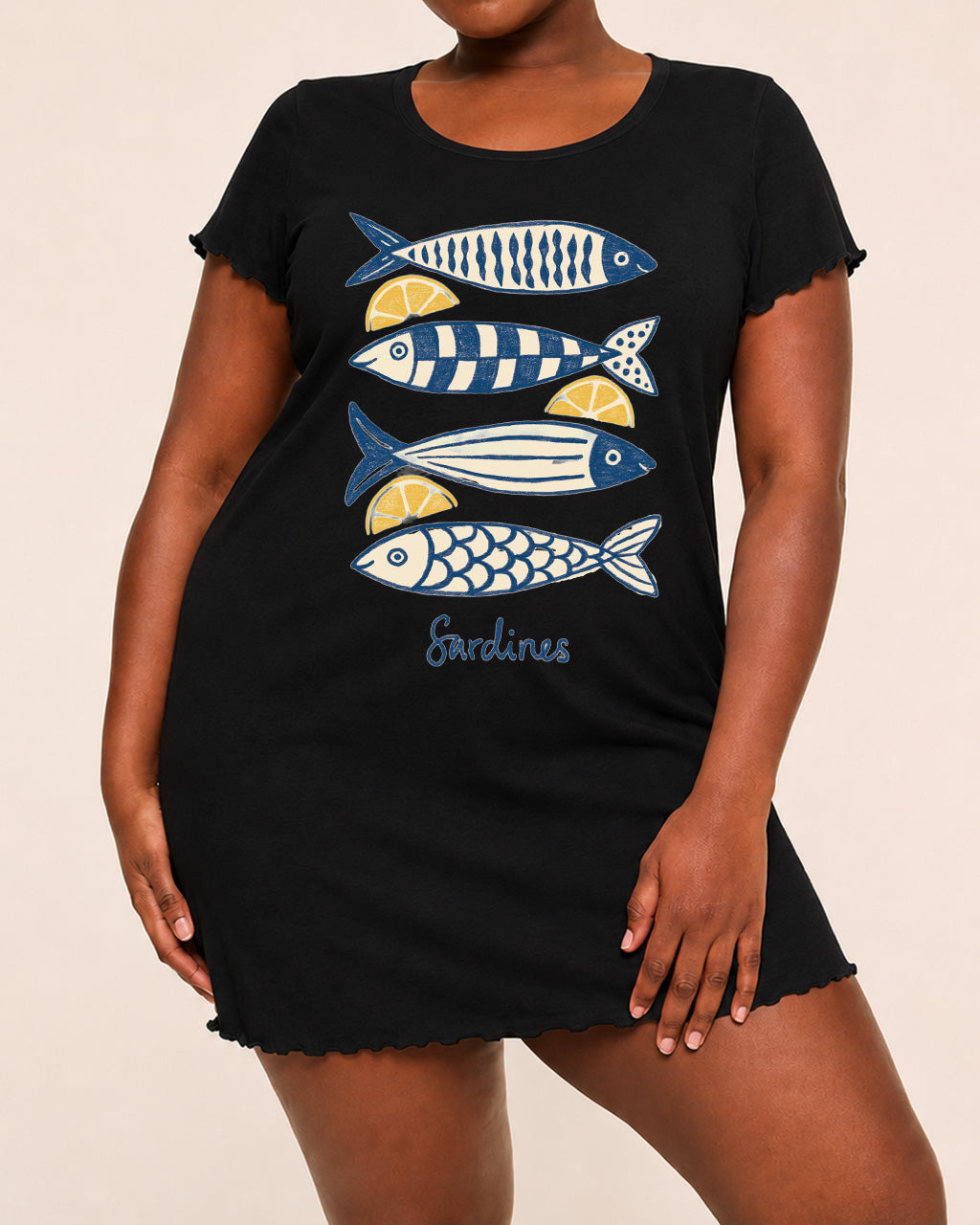Navy Striped Lemon Sardines Letter Print Nightdress(XS-5XL) OMFORT