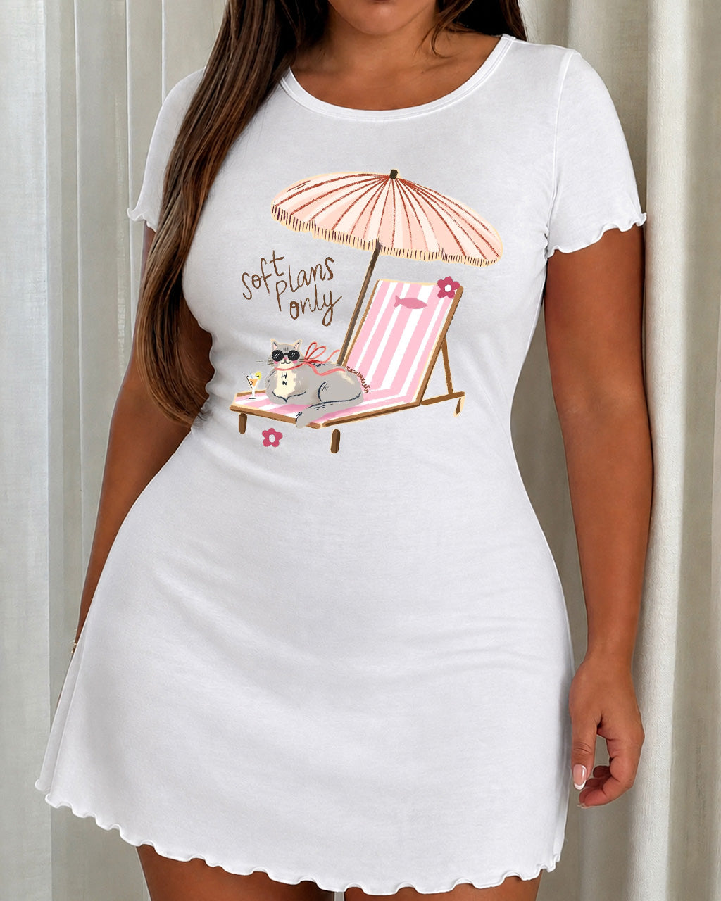 "Soft Plans Only" Cat Sunglasses Pink Striped Beach Chair Nightdress (XS-5XL) OMFORT