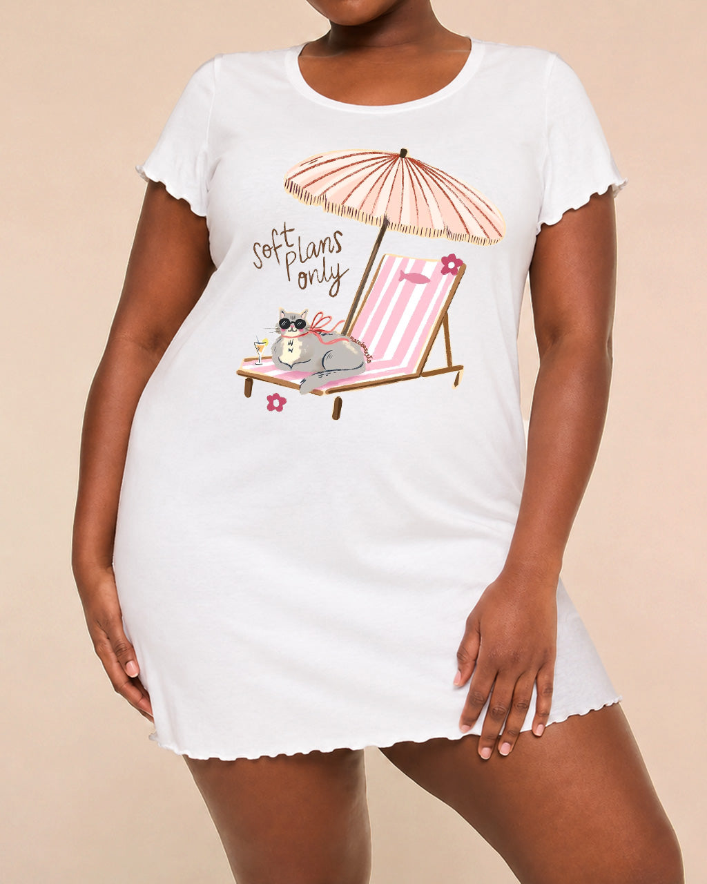 "Soft Plans Only" Cat Sunglasses Pink Striped Beach Chair Nightdress (XS-5XL) OMFORT