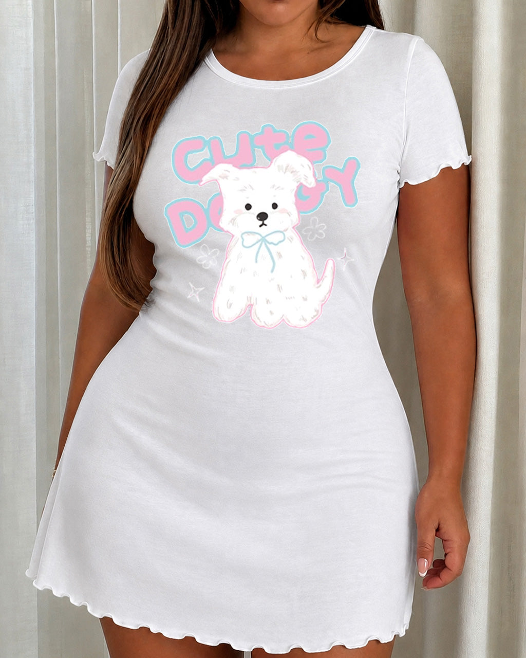 Pink Bow Fluffy Puppy "Cute Doggy" Letter Print Nightdress  (XS-5XL) OMFORT