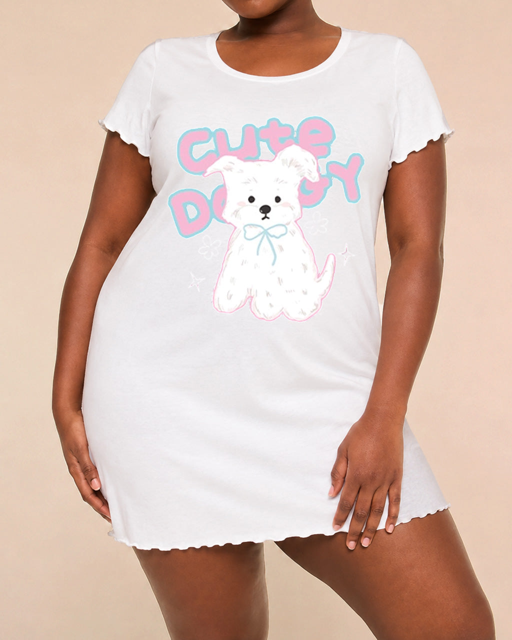 Pink Bow Fluffy Puppy "Cute Doggy" Letter Print Nightdress  (XS-5XL) OMFORT