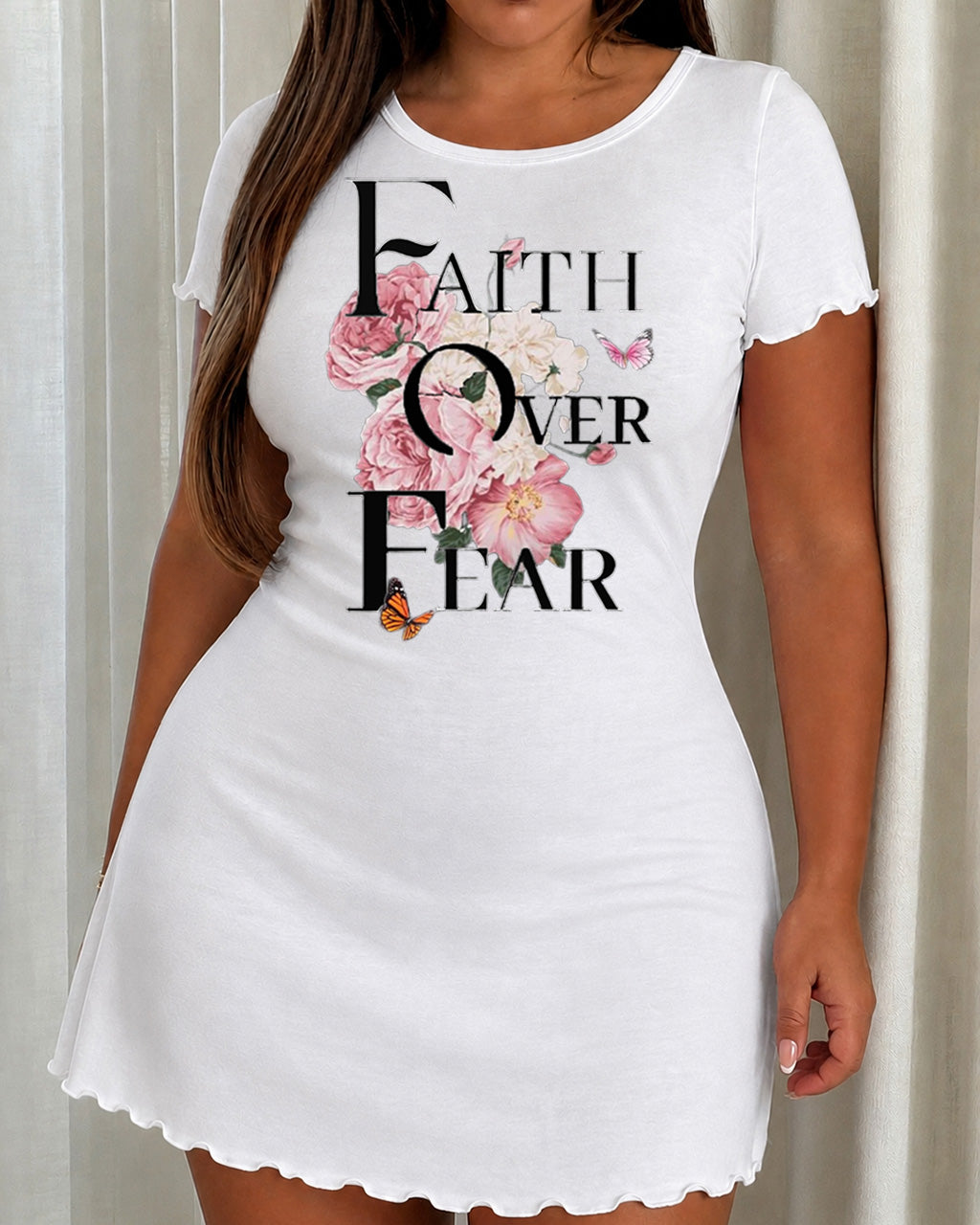 Faith Over Fear Pink Peony Floral Butterfly Print Nightdress (XS-5XL) OMFORT