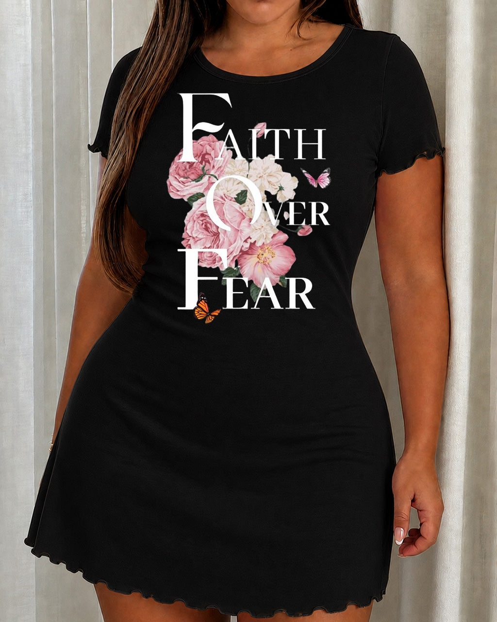 Faith Over Fear Pink Peony Floral Butterfly Print Nightdress (XS-5XL) OMFORT