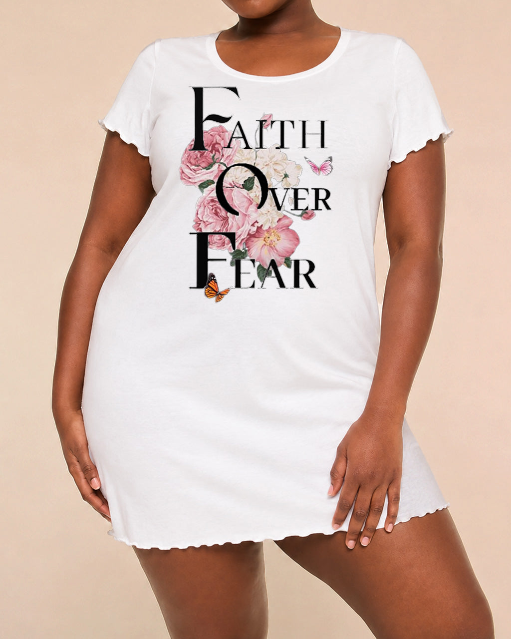 Faith Over Fear Pink Peony Floral Butterfly Print Nightdress (XS-5XL) OMFORT