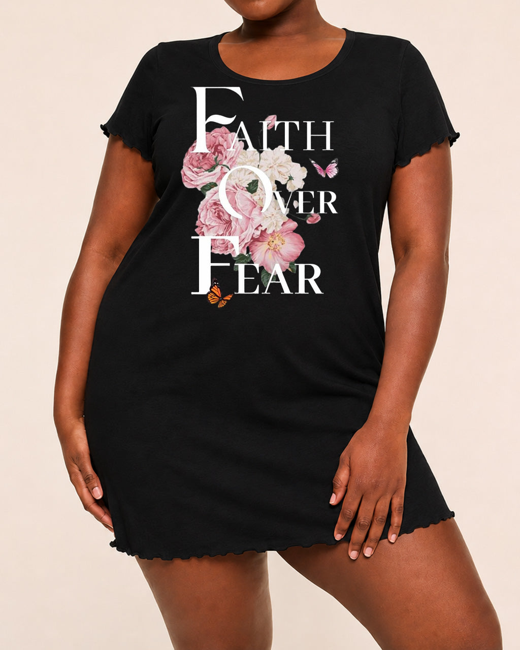 Faith Over Fear Pink Peony Floral Butterfly Print Nightdress (XS-5XL) OMFORT