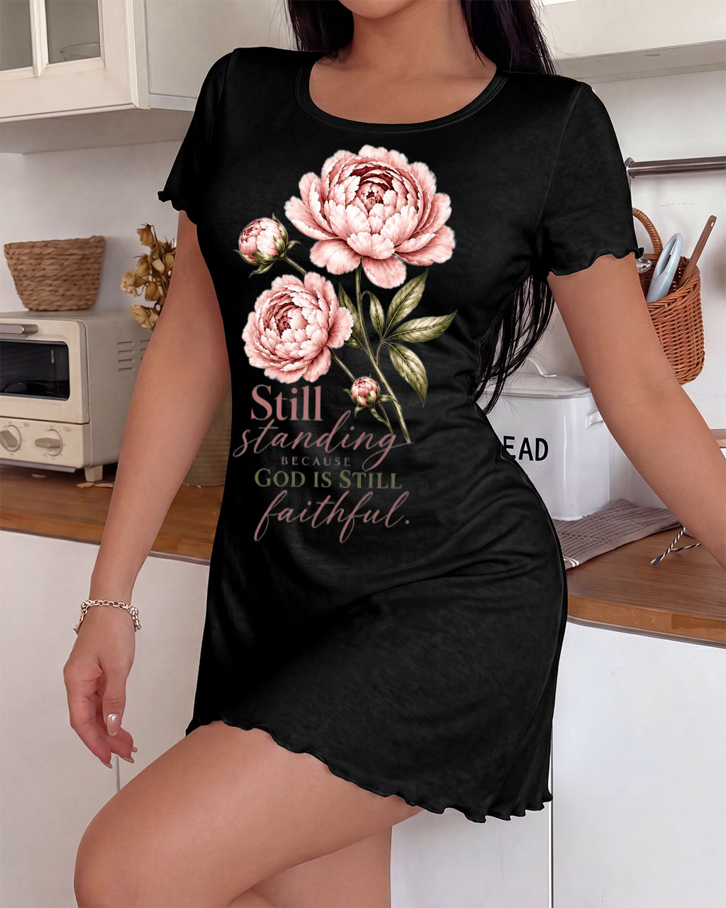 Still Standing God Is Faithful Pink Peony Script Nightdress (XS-5XL) OMFORT