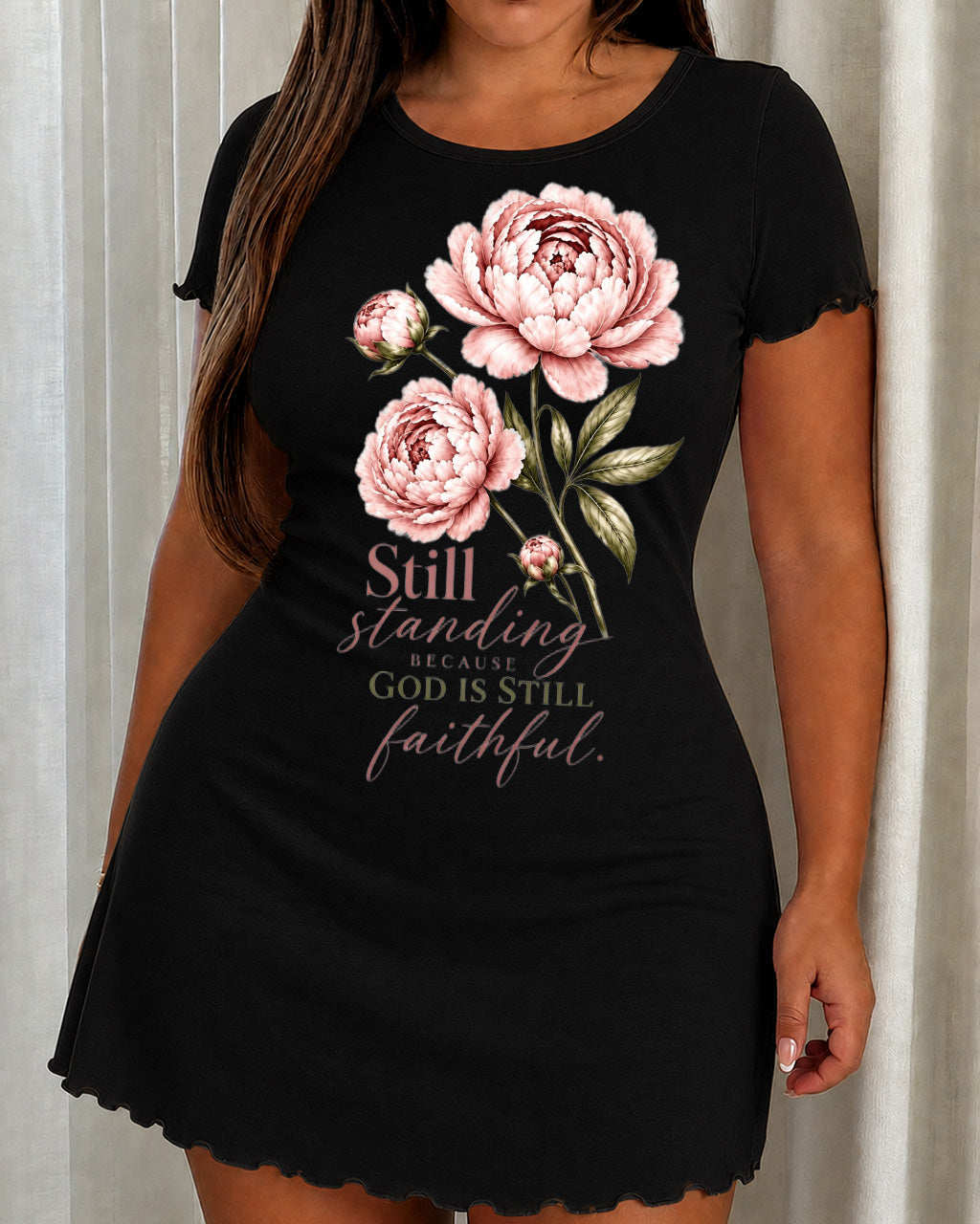 Still Standing God Is Faithful Pink Peony Script Nightdress (XS-5XL) OMFORT