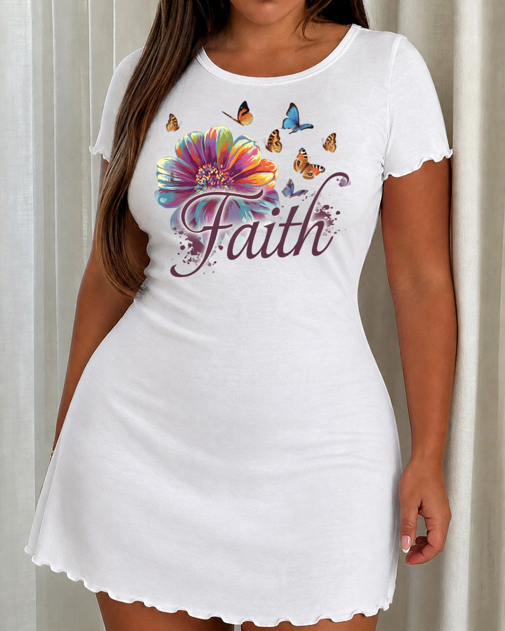 Colorful Flower Butterfly Faith Cursive Print Nightdress (XS-5XL) OMFORT