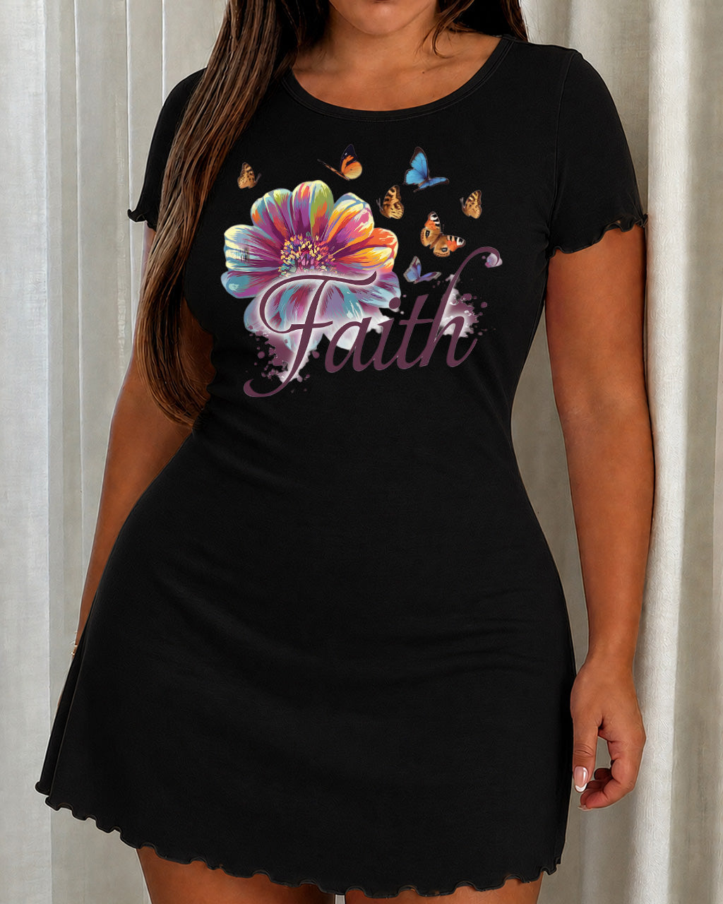 Colorful Flower Butterfly Faith Cursive Print Nightdress (XS-5XL) OMFORT