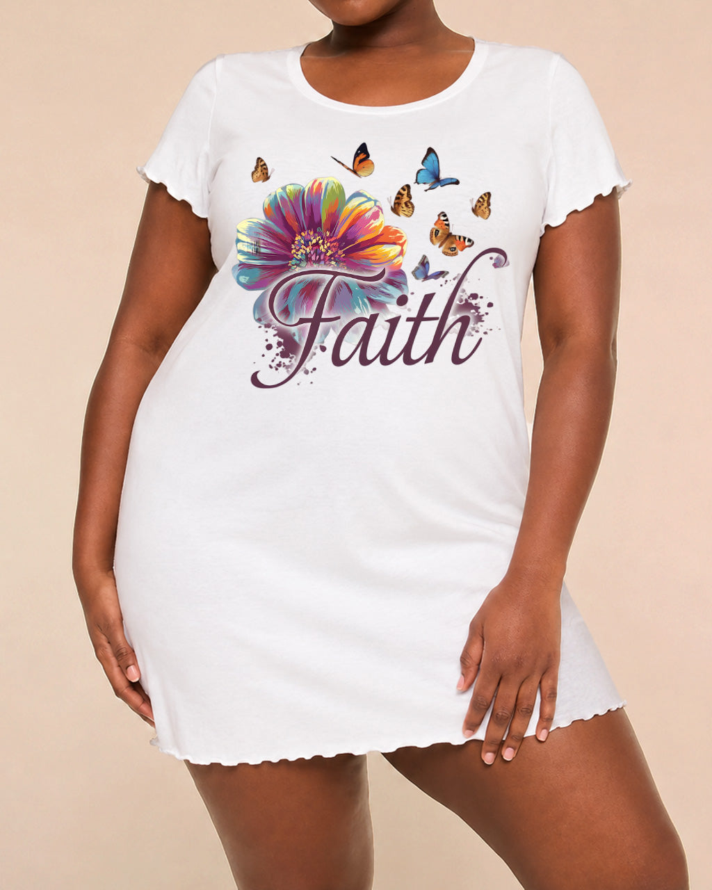 Colorful Flower Butterfly Faith Cursive Print Nightdress (XS-5XL) OMFORT