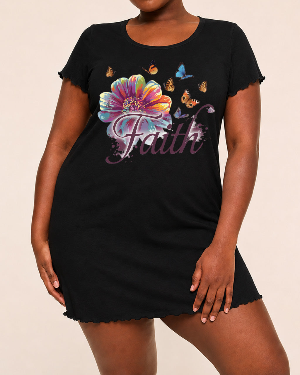 Colorful Flower Butterfly Faith Cursive Print Nightdress (XS-5XL) OMFORT