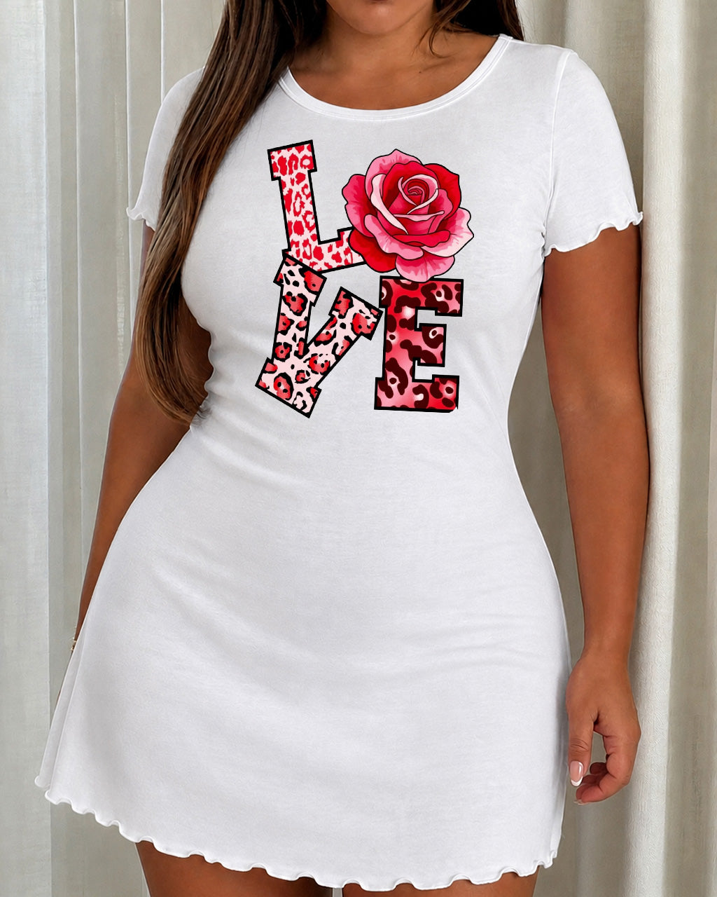 Pink Leopard LOVE Red Rose Print Nightdress (XS-5XL) OMFORT