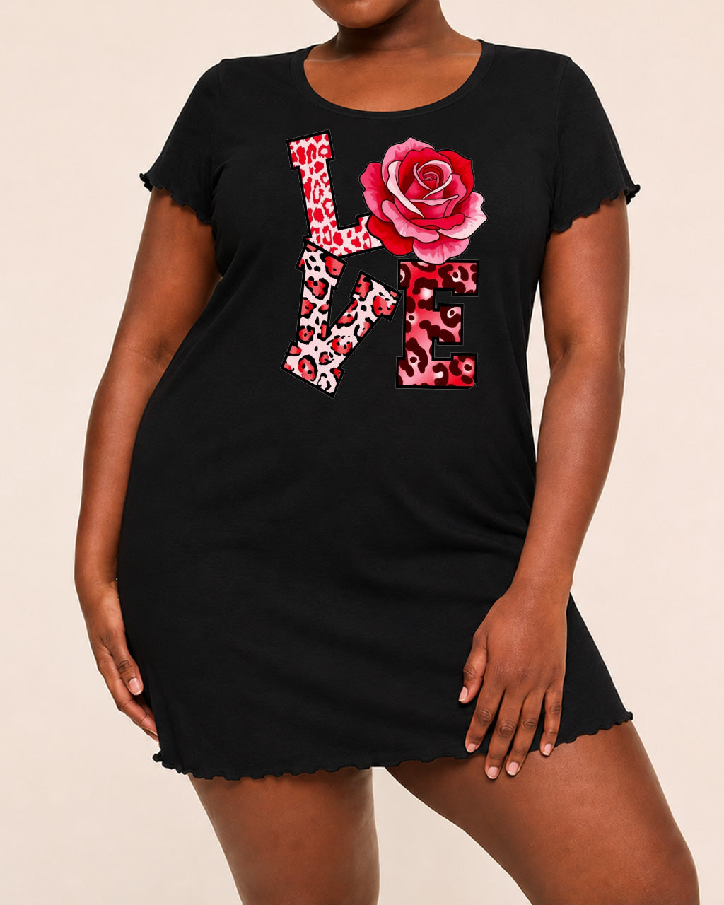 Pink Leopard LOVE Red Rose Print Nightdress (XS-5XL) OMFORT