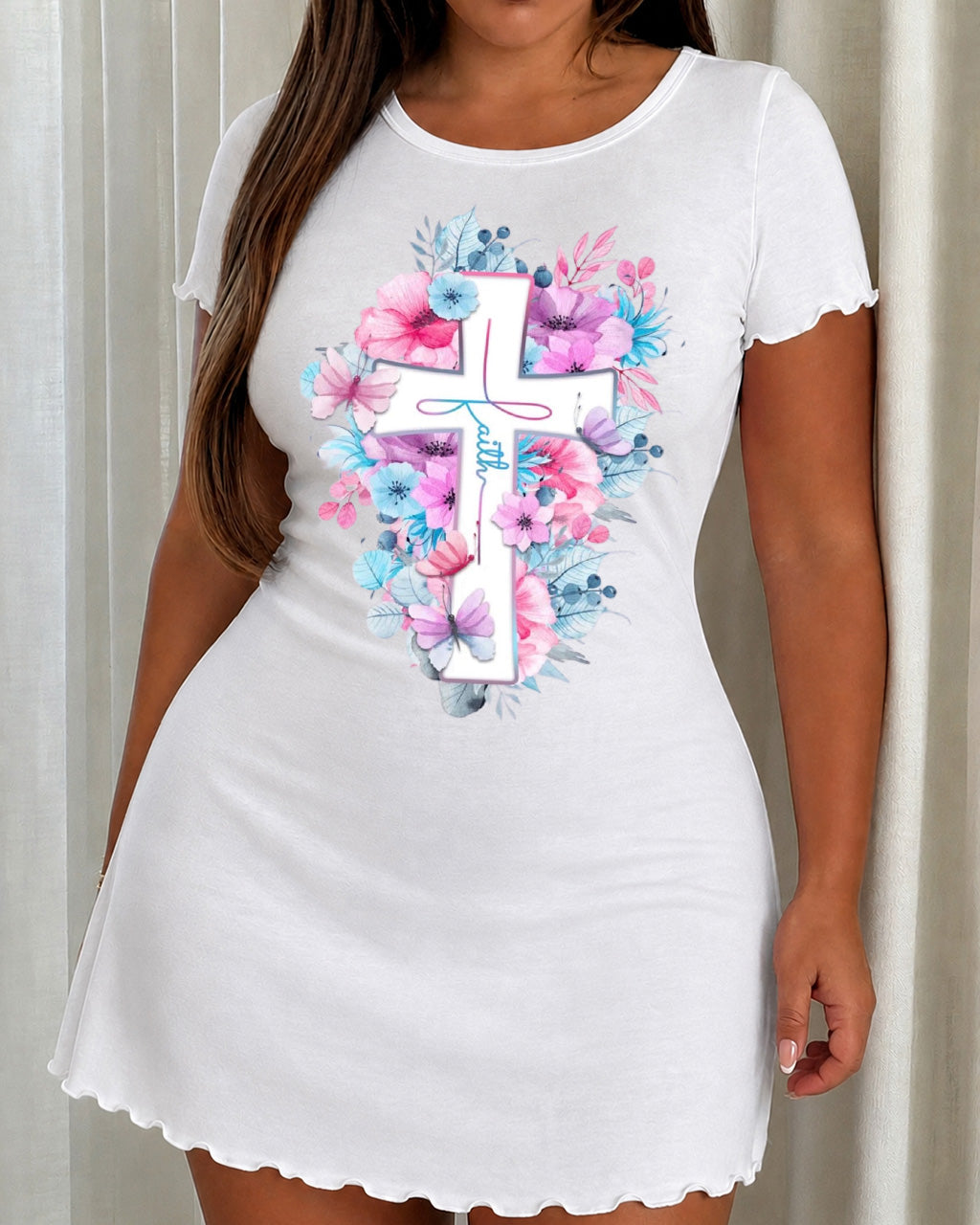 Pink Blue Floral Cross Faith Watercolor Print Nightdress (XS-5XL) OMFORT