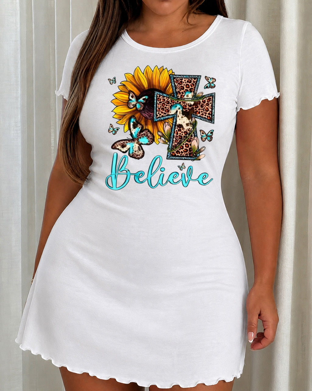 Leopard Cow Print Cross Sunflower Believe Nightdress (XS-5XL) OMFORT
