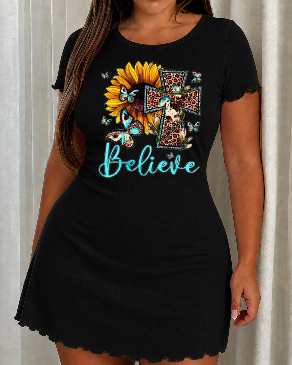 Leopard Cow Print Cross Sunflower Believe Nightdress (XS-5XL) OMFORT