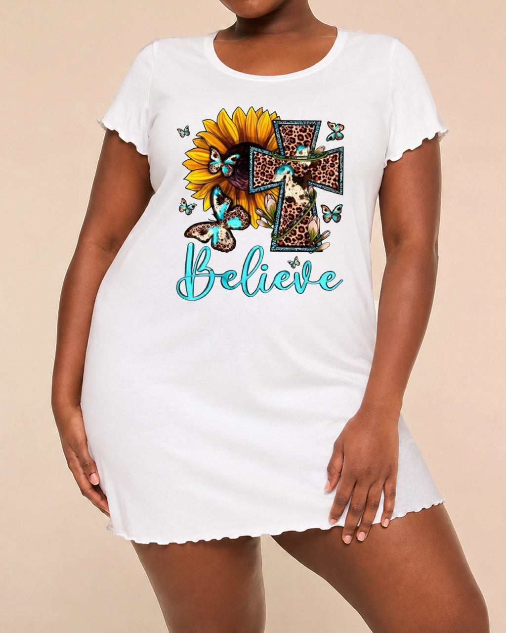 Leopard Cow Print Cross Sunflower Believe Nightdress (XS-5XL) OMFORT