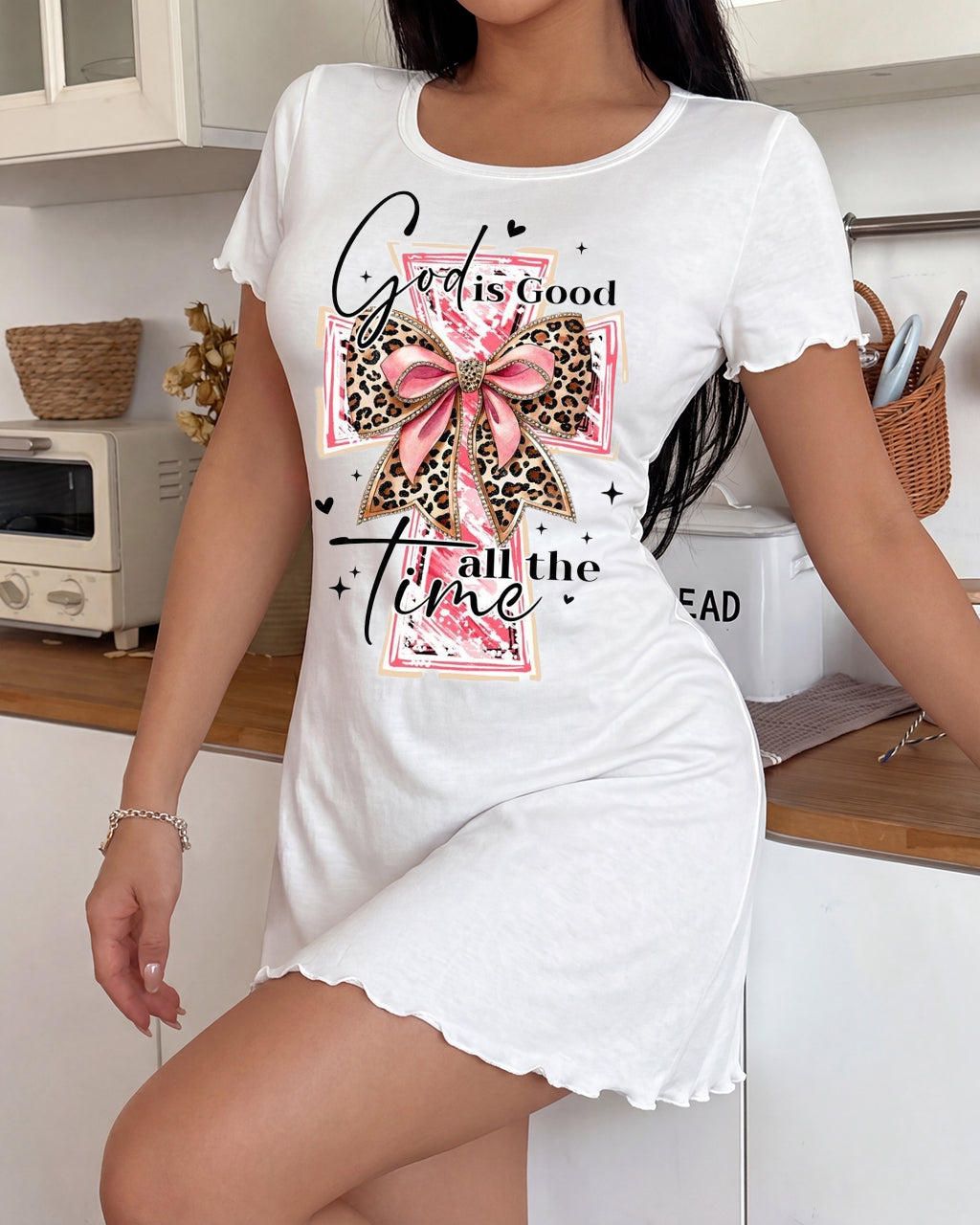 Leopard Bow Cross "God Is Good All The Time" Nightdress (XS-5XL) OMFORT