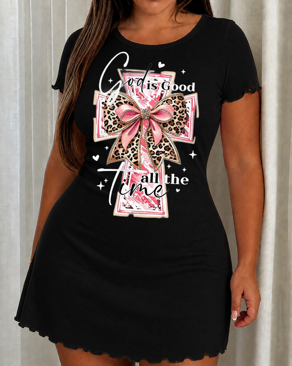 Leopard Bow Cross "God Is Good All The Time" Nightdress (XS-5XL) OMFORT