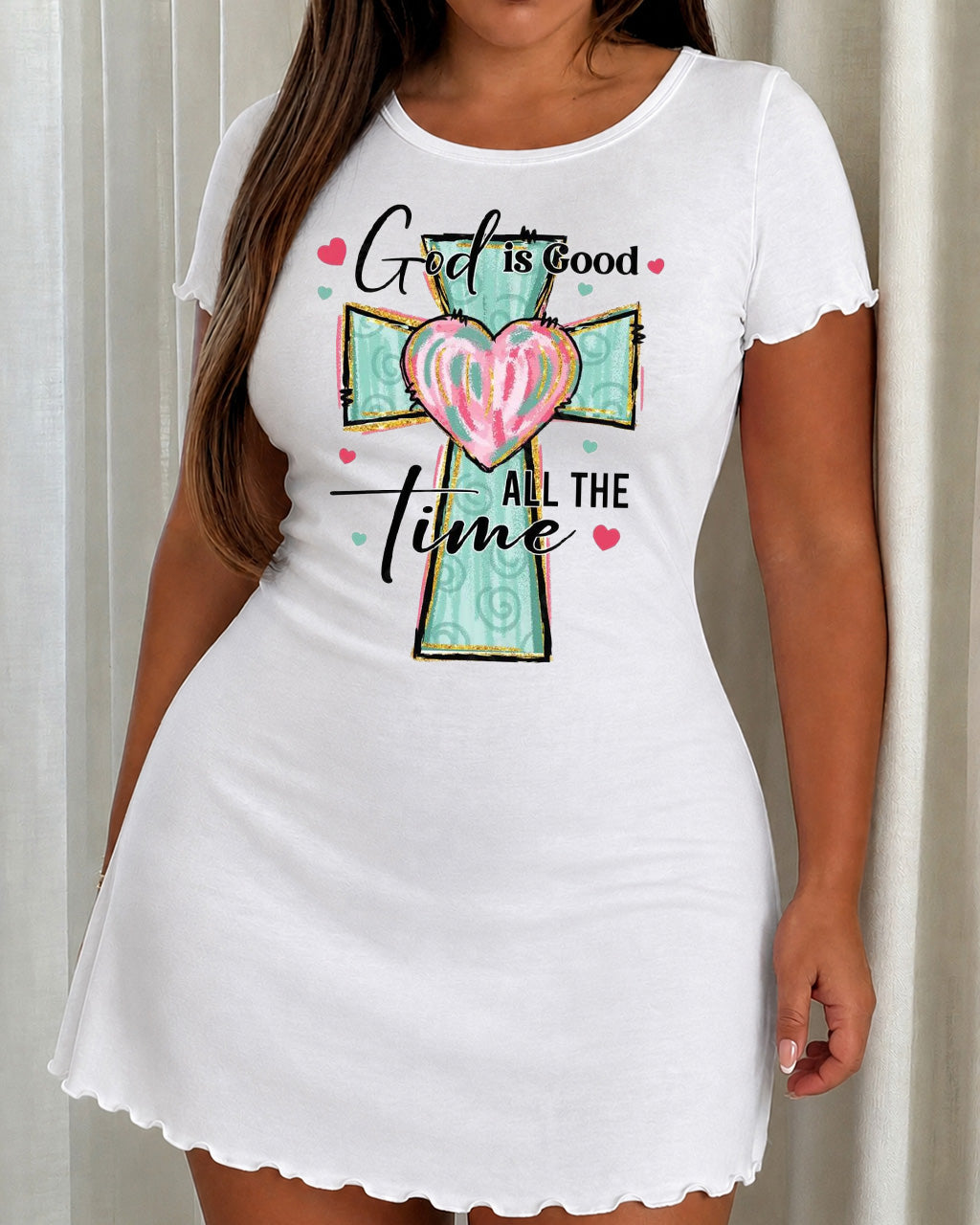 Mint Green Cross Pink Heart God Is Good Print Nightdress (XS-5XL) OMFORT
