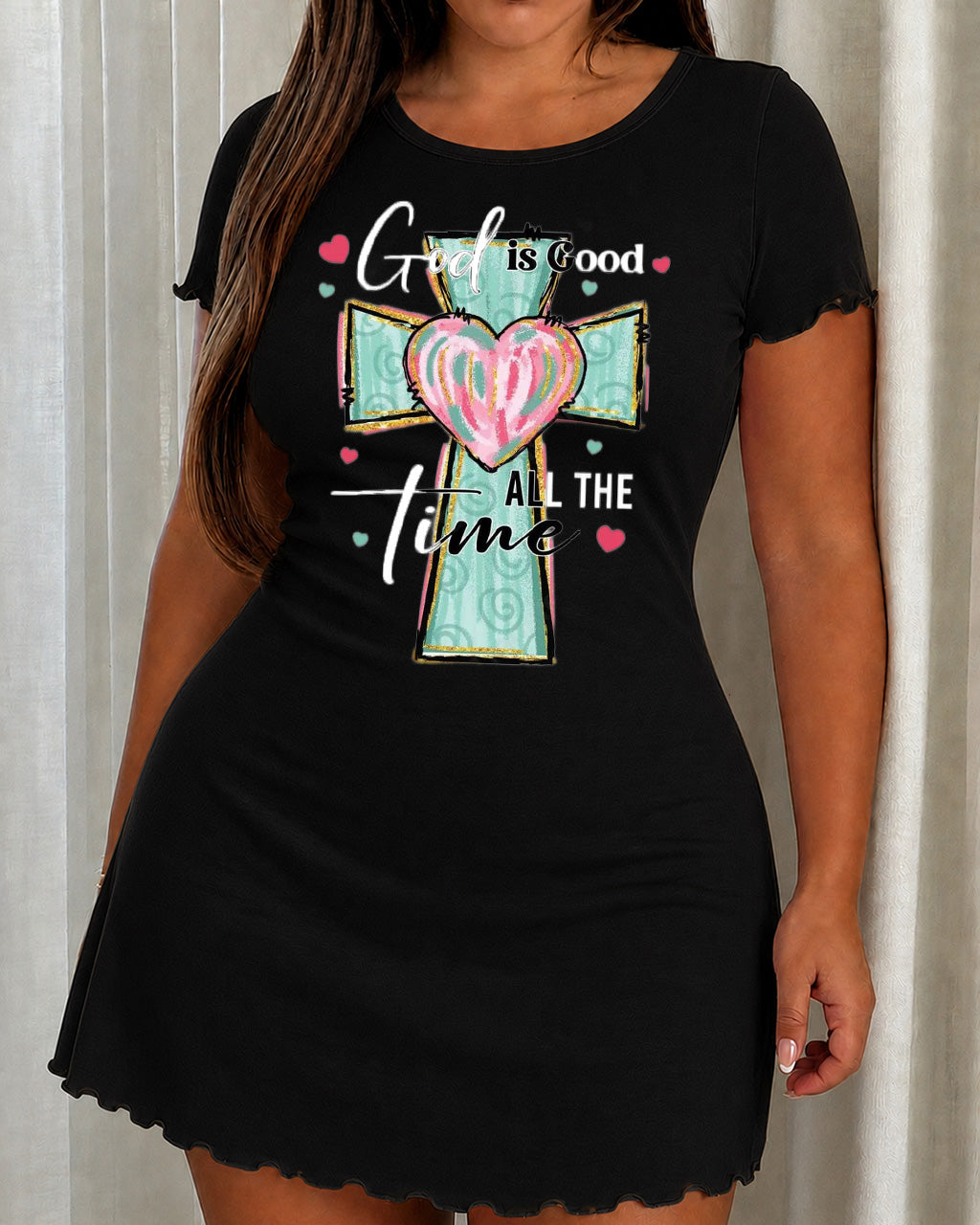 Mint Green Cross Pink Heart God Is Good Print Nightdress (XS-5XL) OMFORT